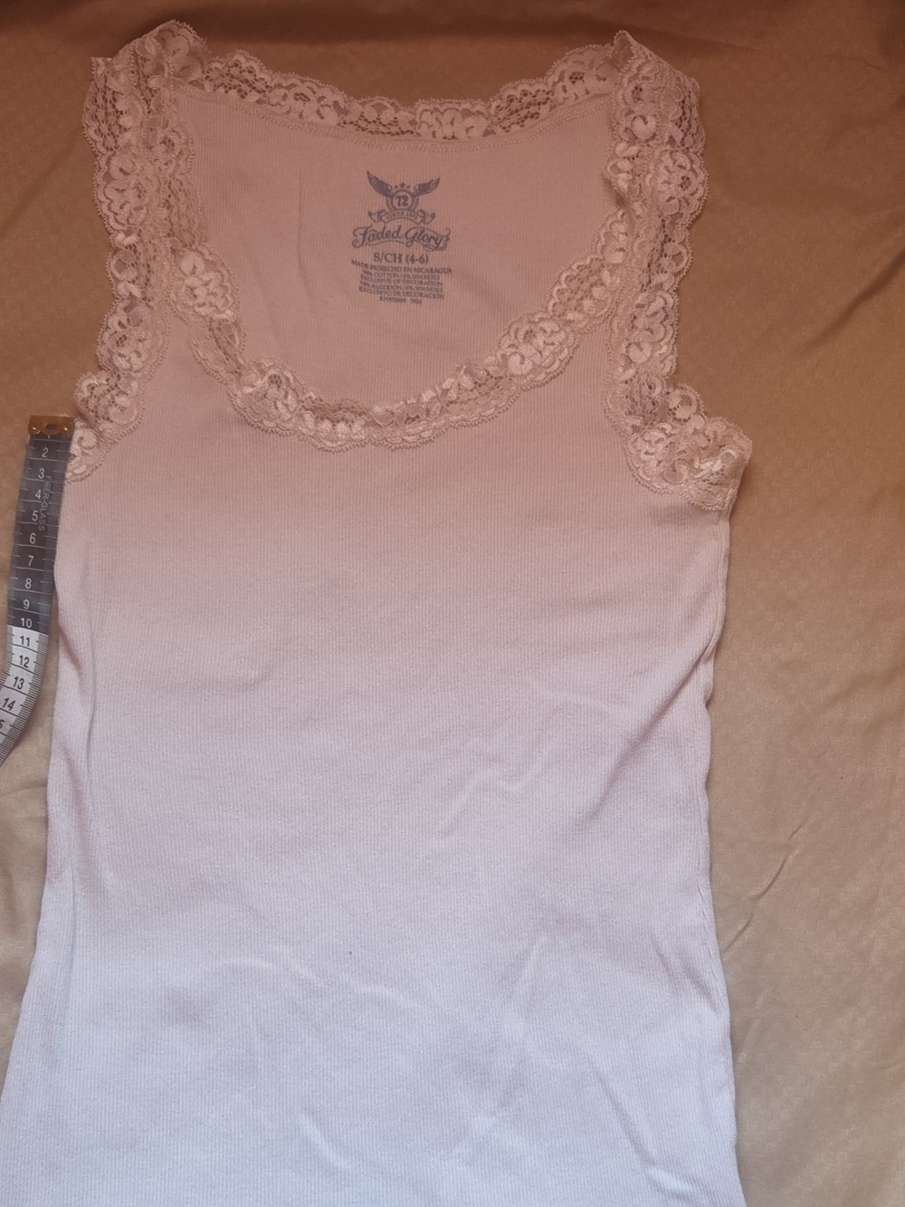 Faded Glory Pale Pink Lace-Trim Ribbed Tank Top